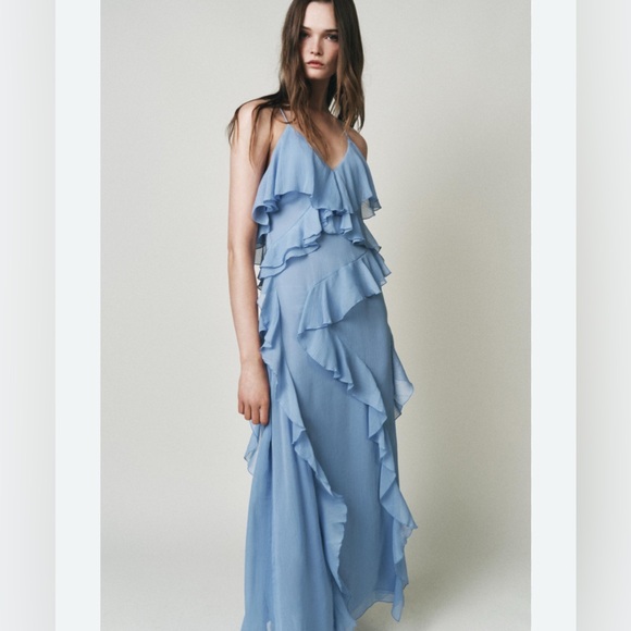 NWT ZARA light blue ruffled long maxi dress v-neck thin straps size XL - Picture 1 of 11